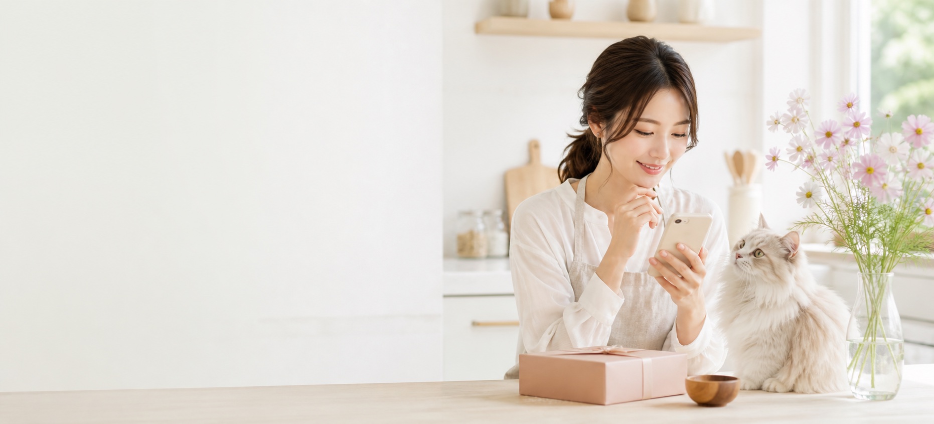 スマートフォンで相談する女性とそばにいる猫