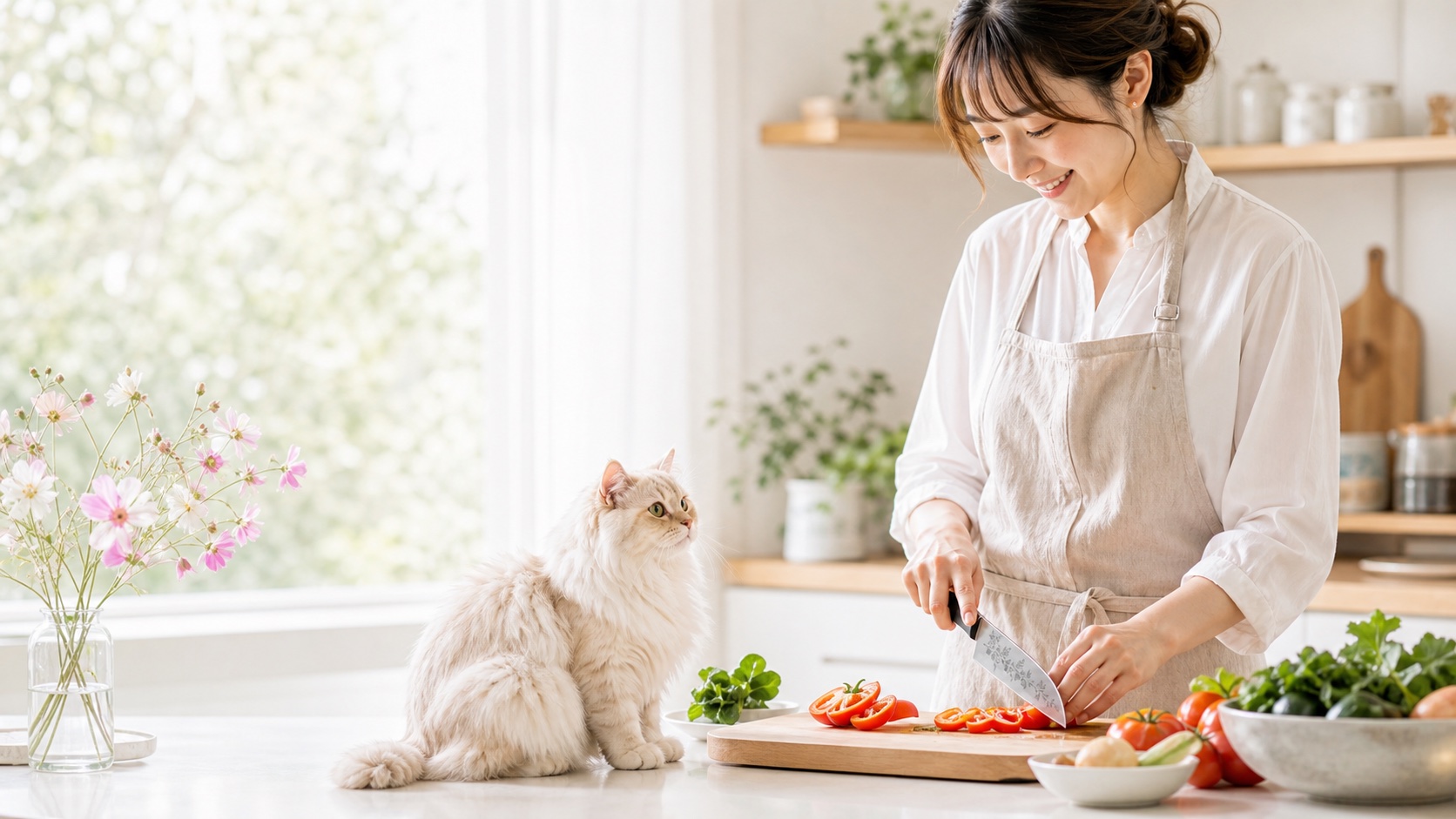 朝の光が入るキッチンで料理をする女性と見守る猫